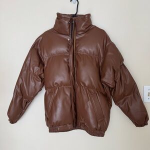 Brown Faux Leather Puffer Jacket - Women